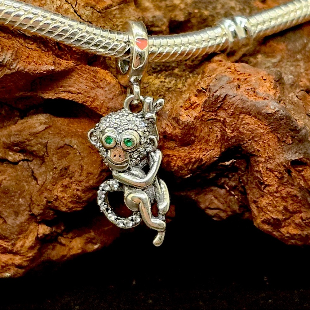 Sterling Silver Monkey Charm with Green Eyes & CZ Accents – New